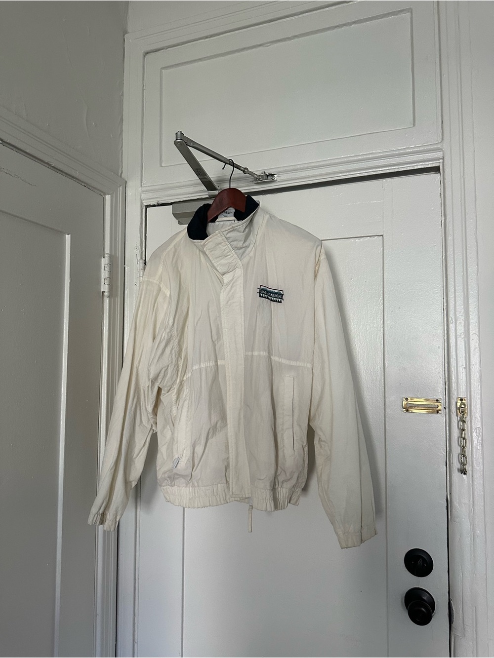 Vintage Fahrenheit Cream Jacket with Black Collar and Teal Logo